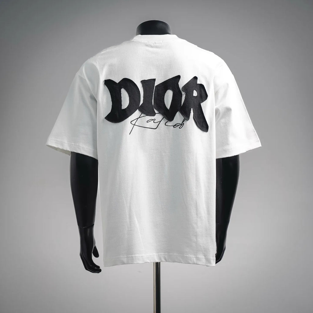 White Dior T-shirt back view, short sleeves, large black Dior logo print