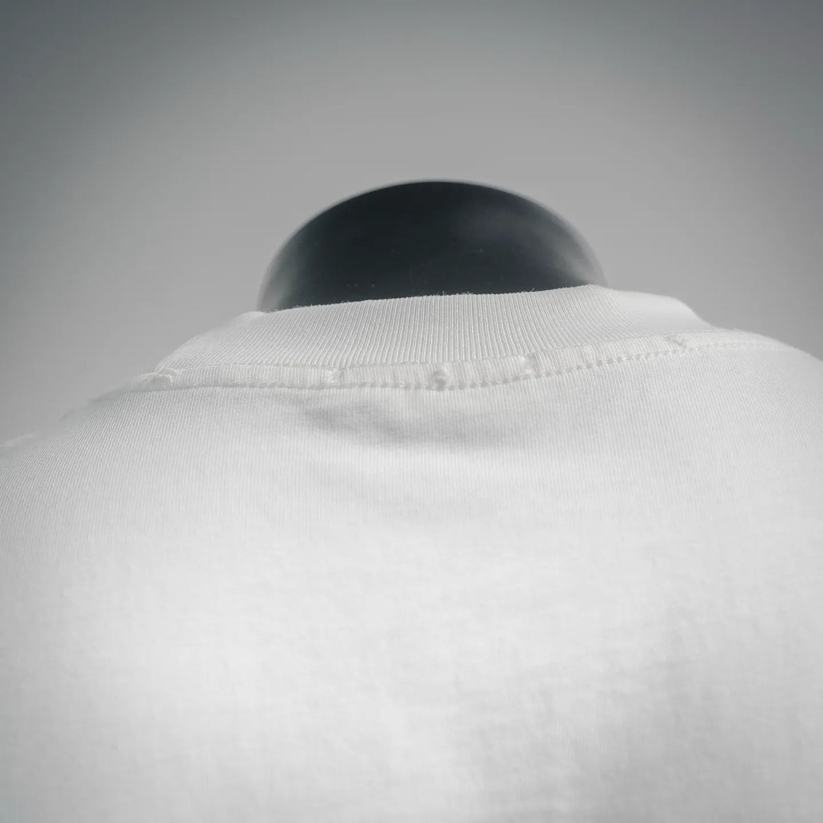 White Dior T-shirt collar close-up with ribbed neckline and top seam