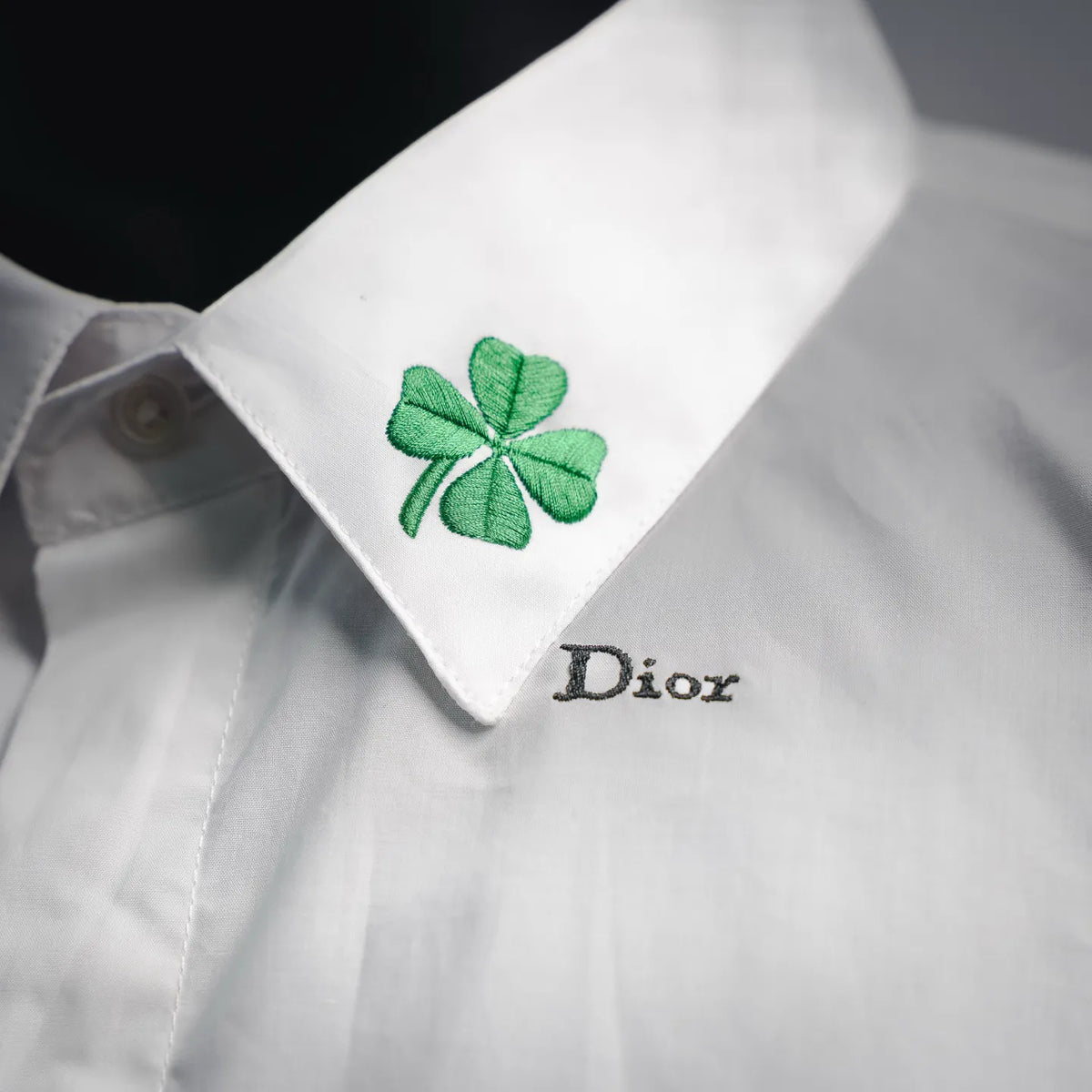 Dior dress shirt collar, white with green clover embroidery and Dior logo on tip