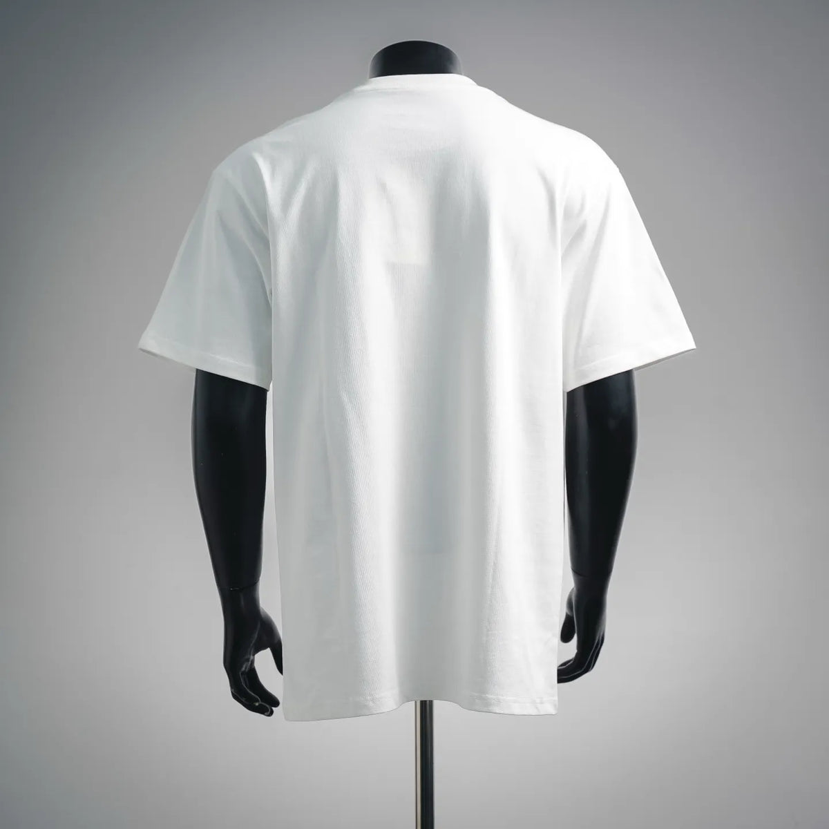 White short-sleeve T-shirt on mannequin, back view