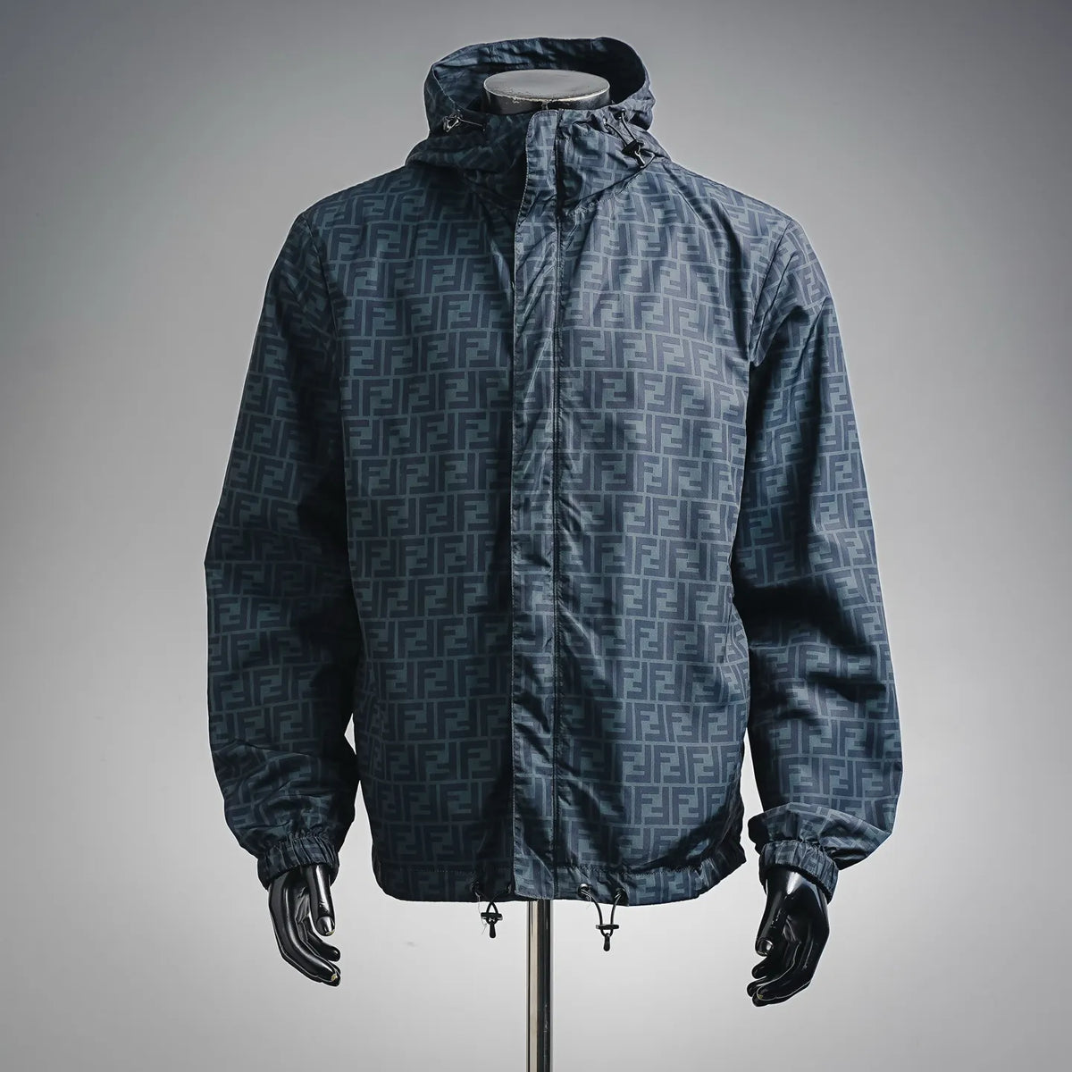 Fendi hooded coat with all-over FF monogram, front zip and drawstring hem