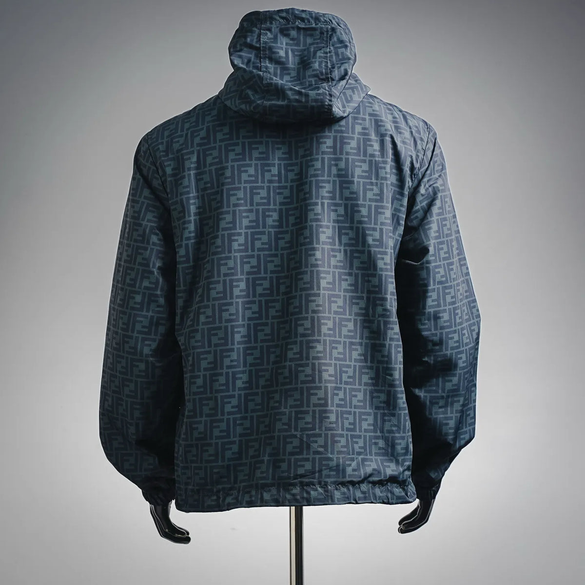 Fendi hooded coat with all-over FF monogram, back view with elastic hem
