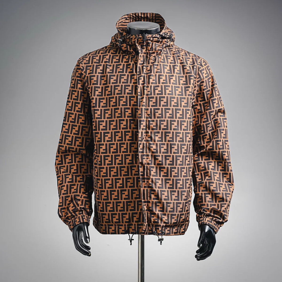 Fendi hooded coat with FF monogram pattern, full-length front zip and cuffs