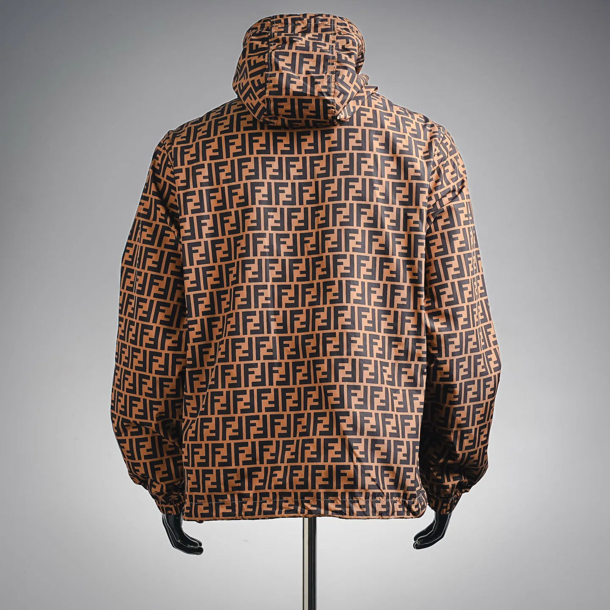 Monogram hooded coat with all-over FF pattern, full zip and ribbed cuffs