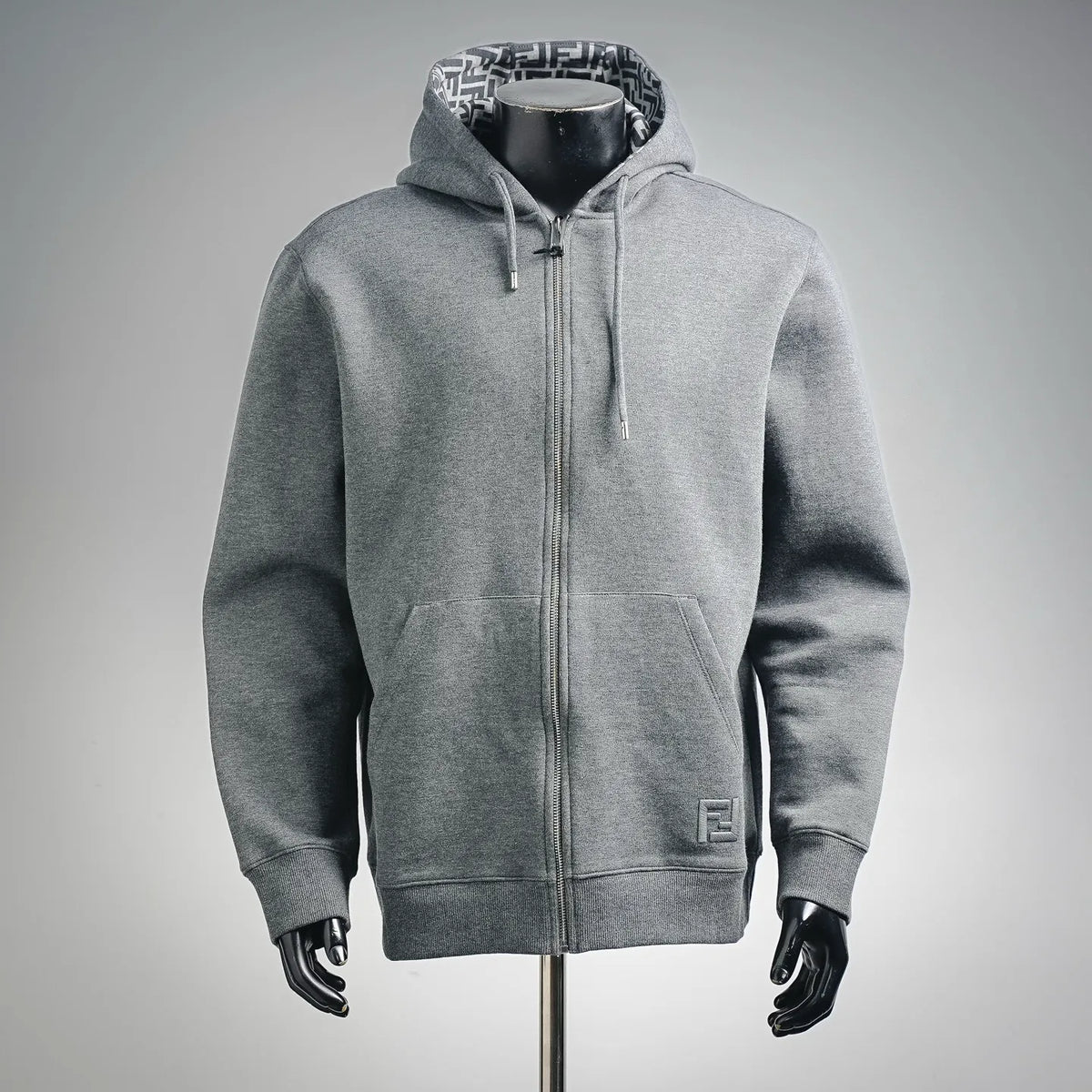 Fendi heather gray zip-up hoodie with hood, full front zipper, and front pouch pocket