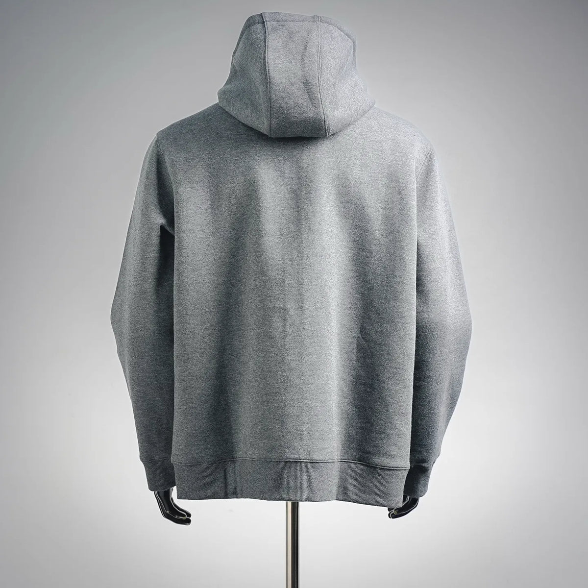 Fendi heather gray zip-up hoodie, back view with hood up and ribbed hem
