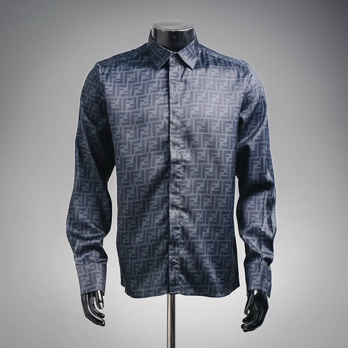 Fendi long-sleeve button-up shirt with dark blue allover pattern