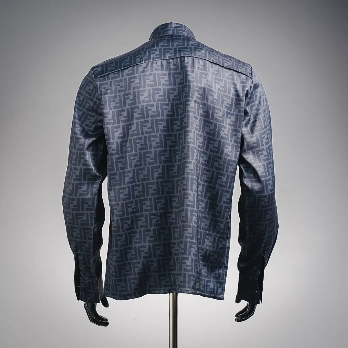 Back view of Fendi long-sleeve button-up shirt in dark blue pattern