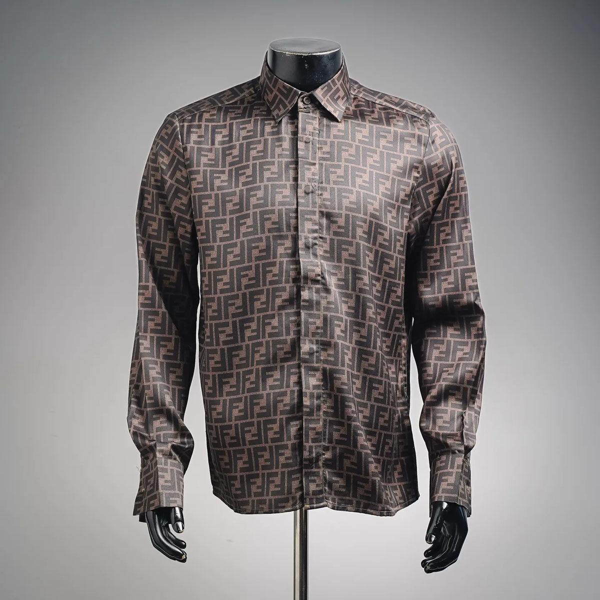 Fendi long-sleeve button shirt with allover FF pattern, brown and tan