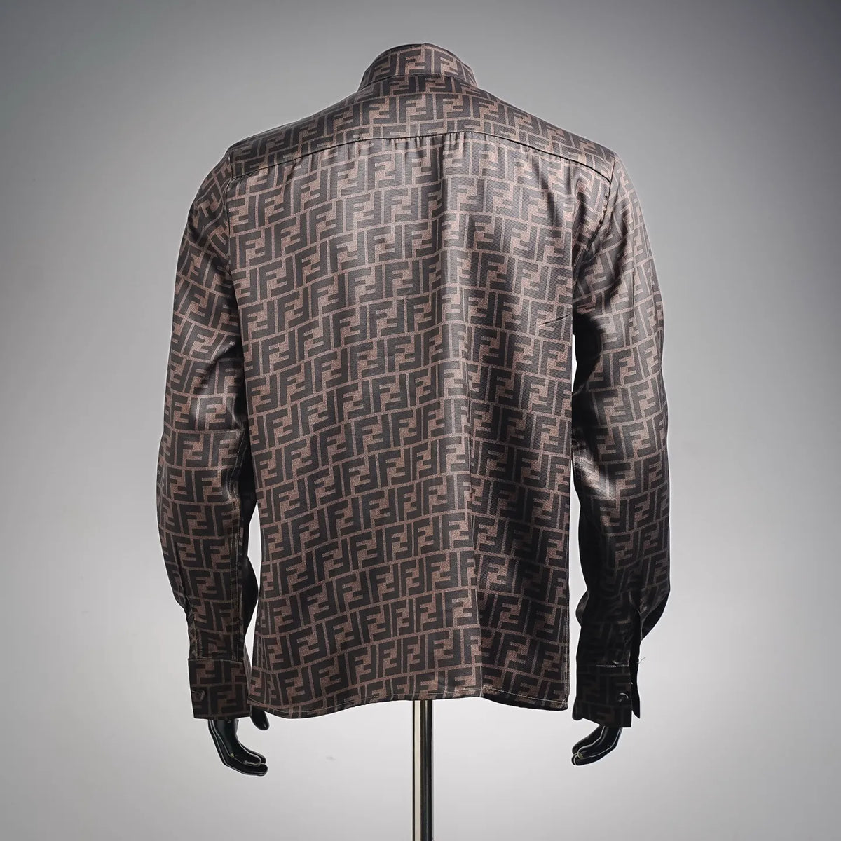 Fendi long-sleeve button shirt back view with FF pattern in brown and tan