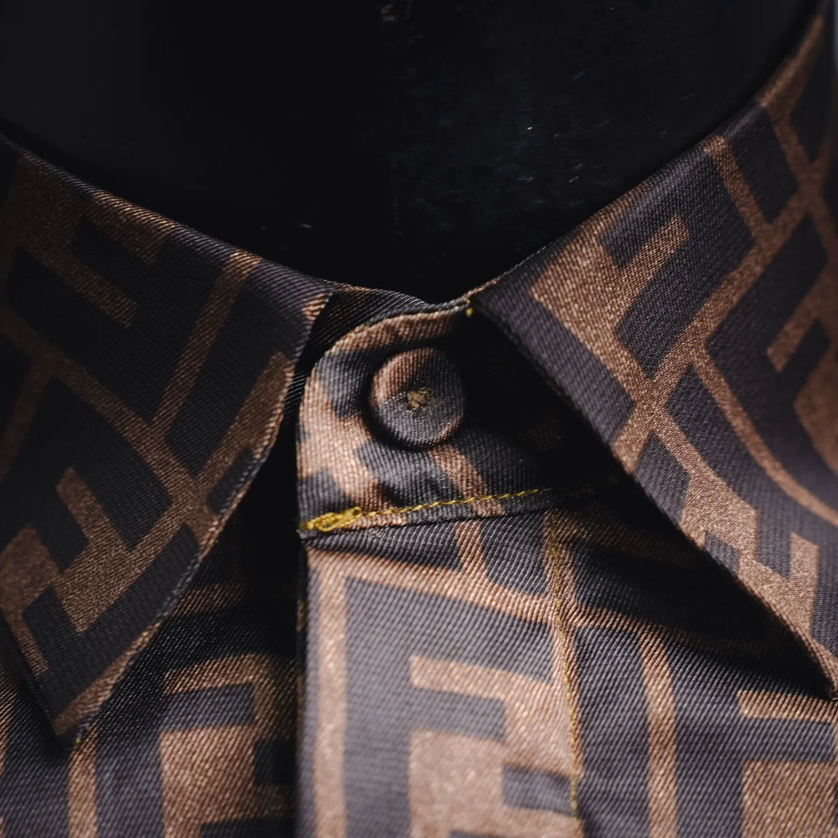 Shirt collar close-up with FF pattern and buttoned placket