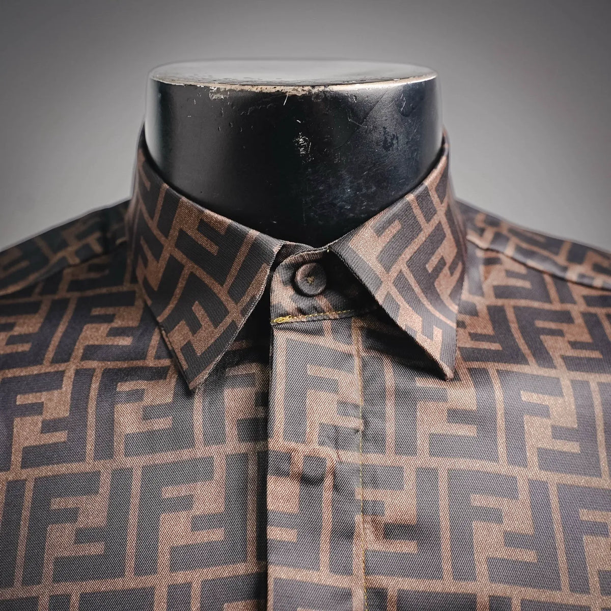 Button placket and collar close-up on FF patterned shirt