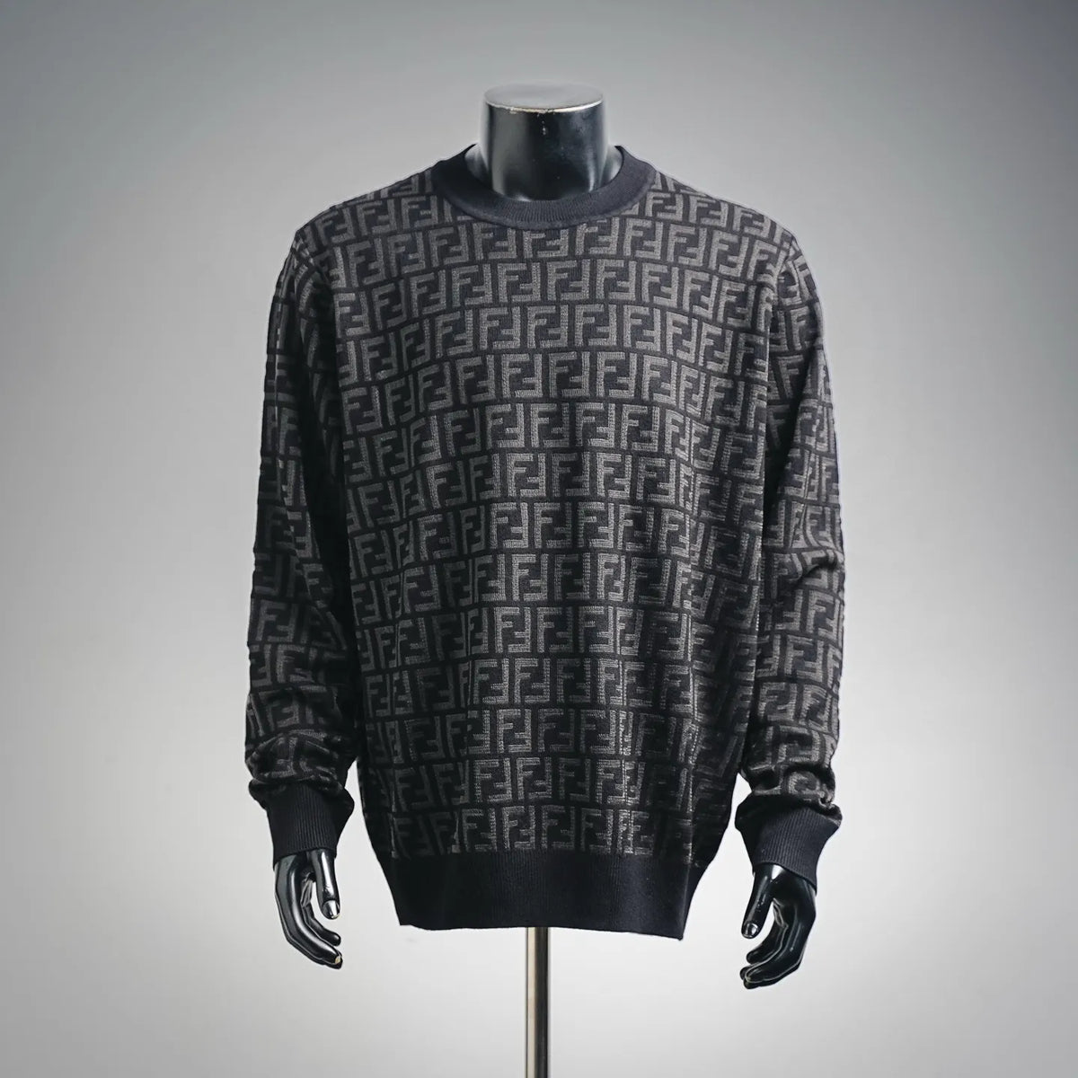 Fendi black long-sleeve knit sweater with repeating FF logo pattern, crew neck