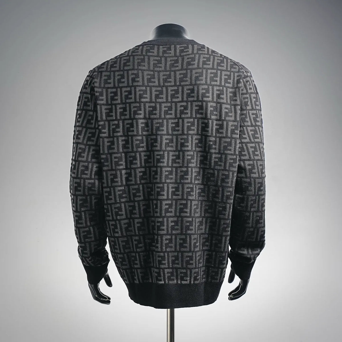 Fendi black long-sleeve knit sweater with repeating FF logo pattern, back view