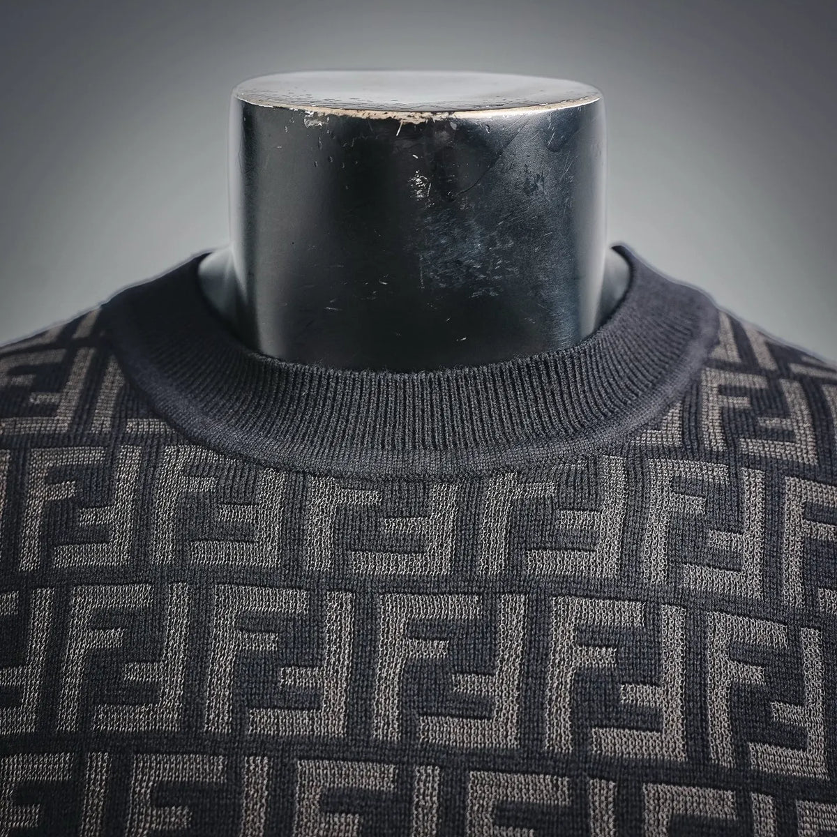 Fendi black knit sweater crew neck ribbing with FF logo pattern around neckline