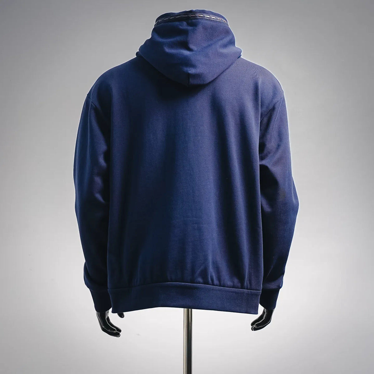 Fendi navy zip-up hoodie back view with hood and ribbed hem