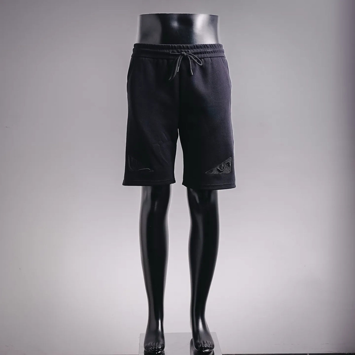 Fendi dark pants with drawstring elastic waistband and side logo patch, knee-length