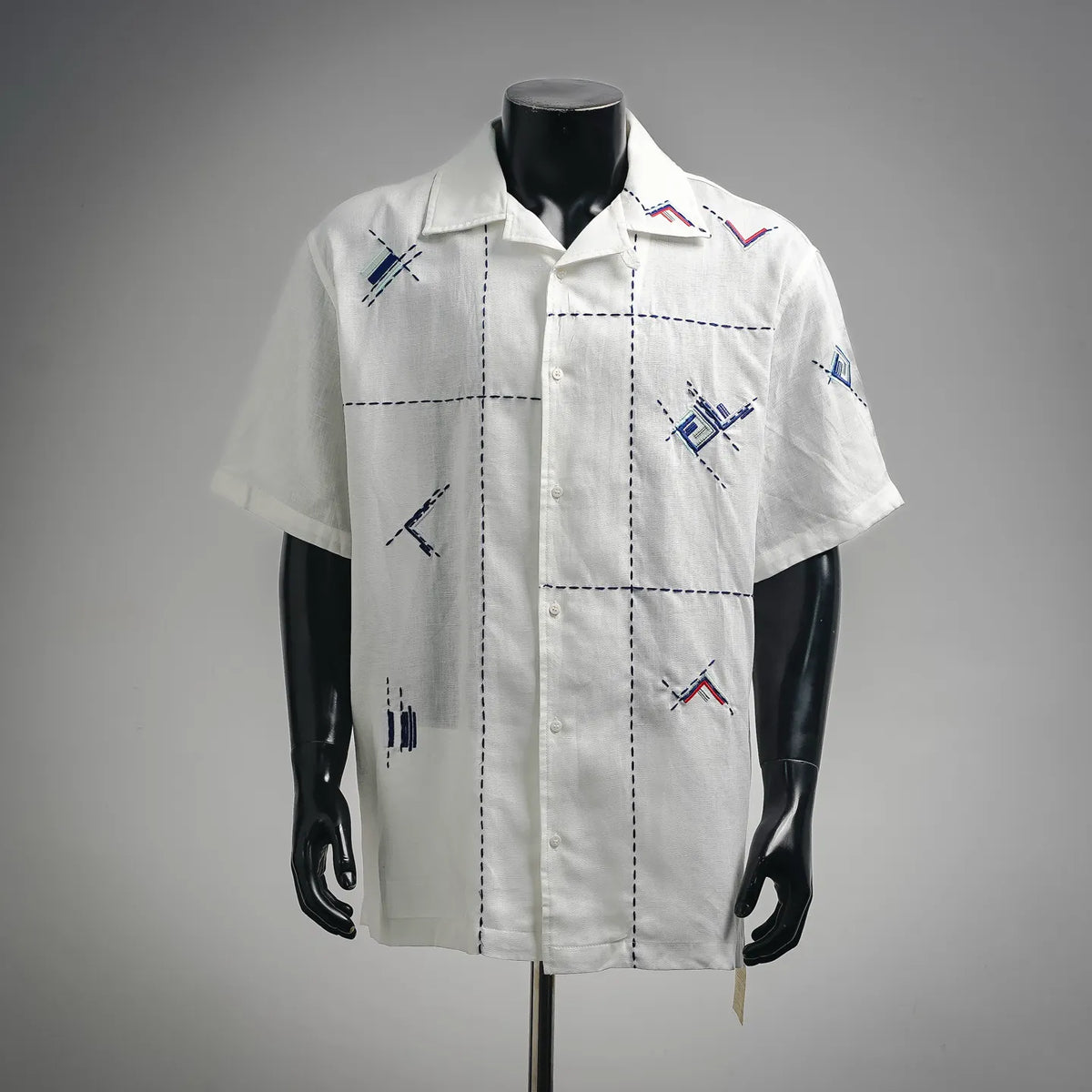 Fendi white short-sleeve shirt with blue-and-red embroidered details, button front