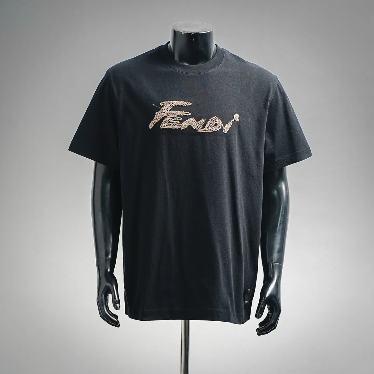 Fendi black T-shirt with gold embroidered logo on chest