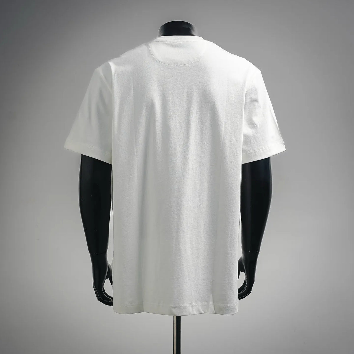 White T-shirt back view, plain round neck and short sleeves