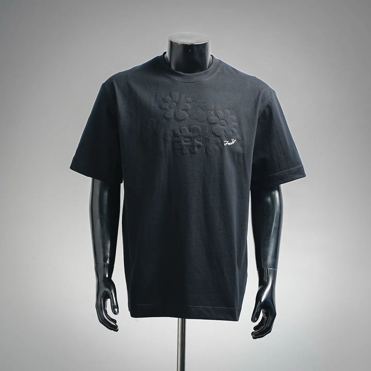 Fendi dark short-sleeve T-shirt with embossed floral logo and crew neck