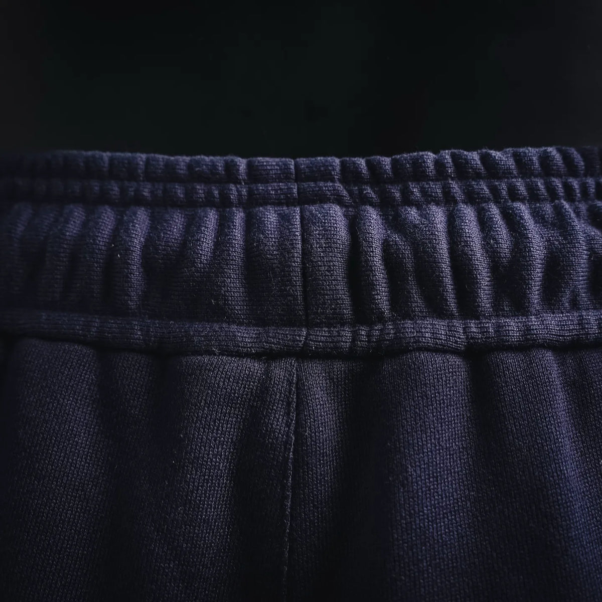 Navy shorts waistband with gathered elastic and drawstring channel