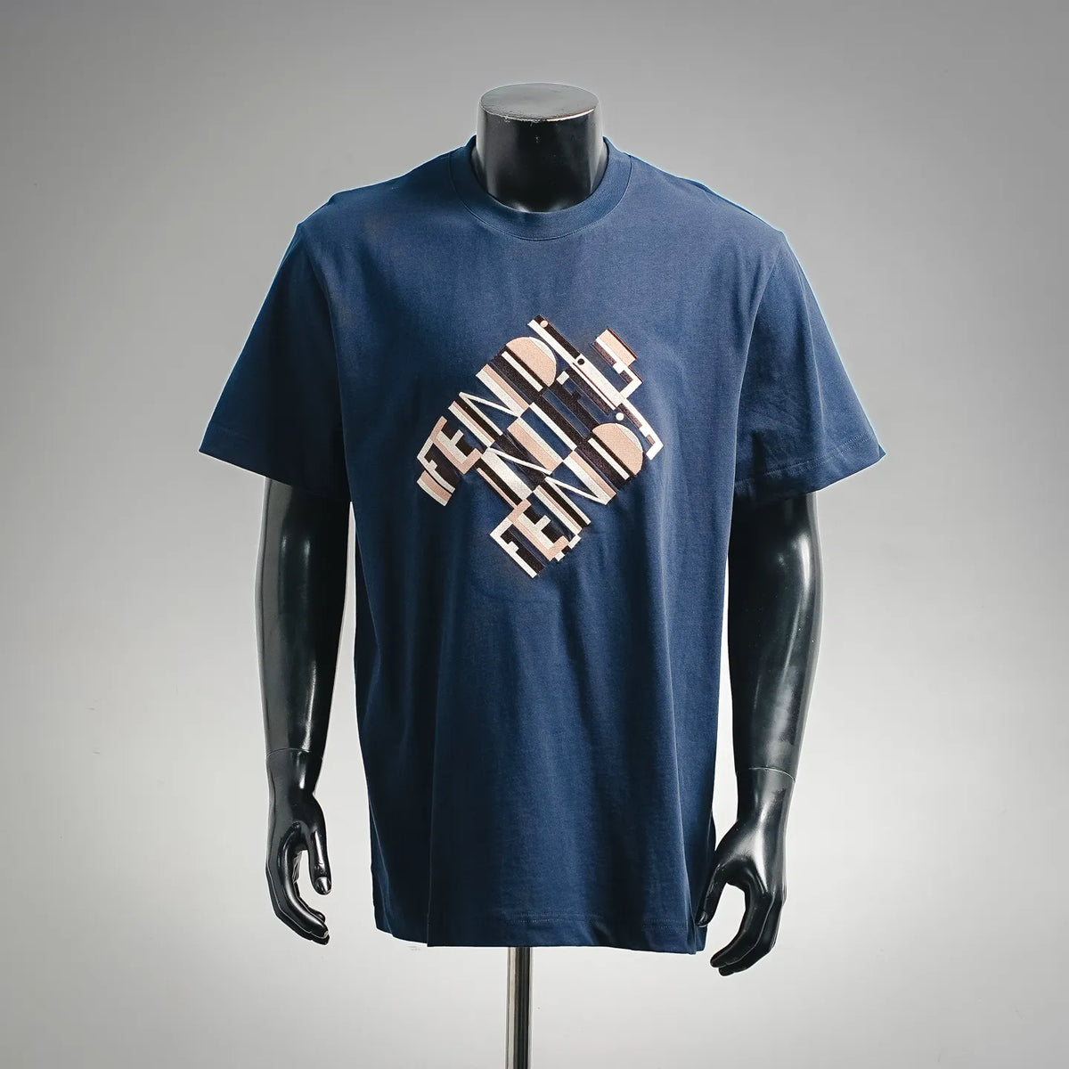 Blue short-sleeve T-shirt with large FENDI logo graphic on the chest