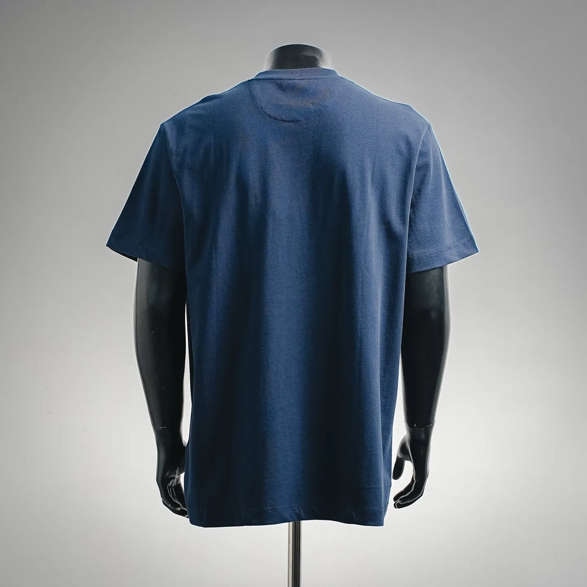 Blue short-sleeve T-shirt, back view with plain design and crew neckline