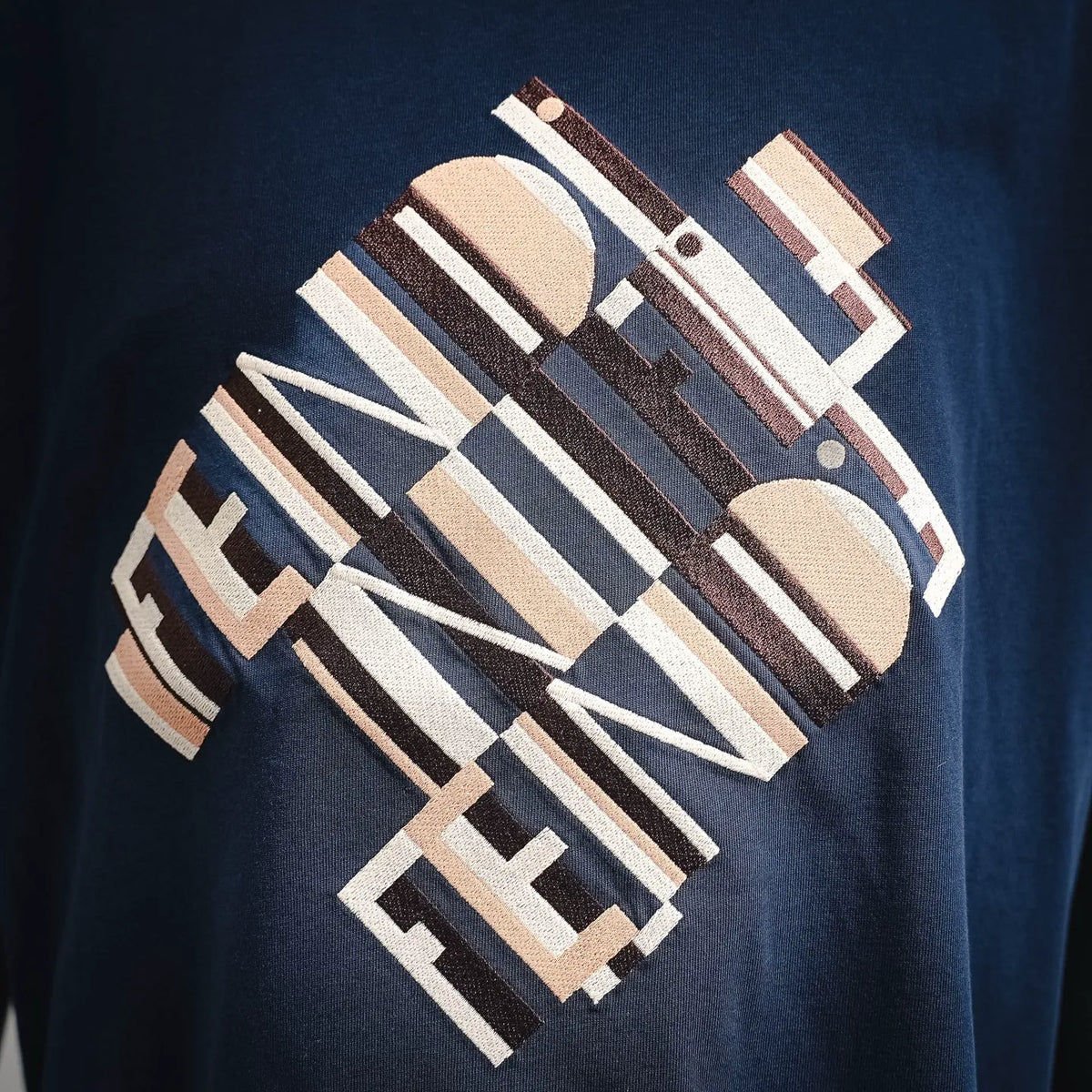 Blue short-sleeve T-shirt with FENDI logo graphic print on the chest