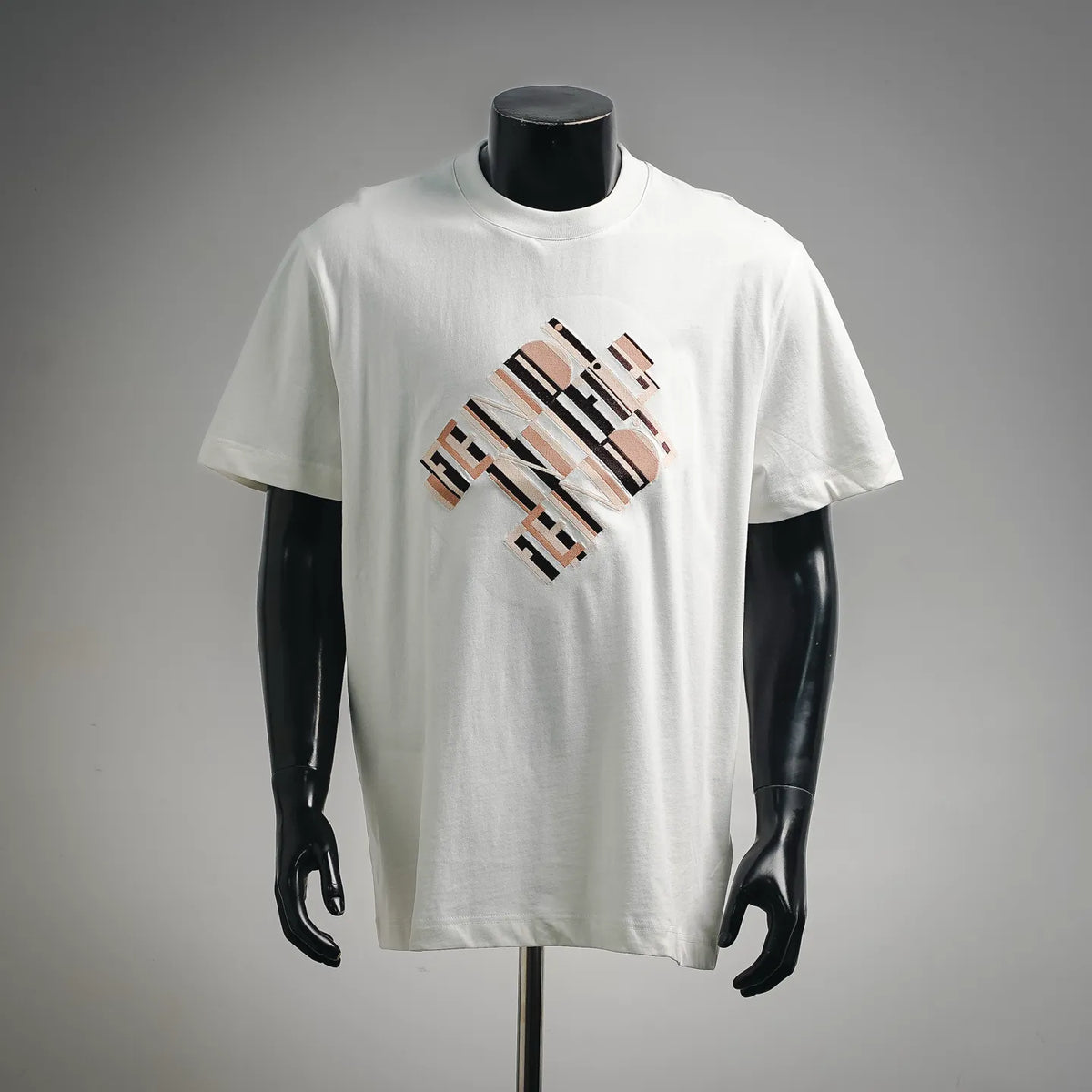 Fendi white short-sleeve T-shirt with multicolor FF-style logo graphic on front