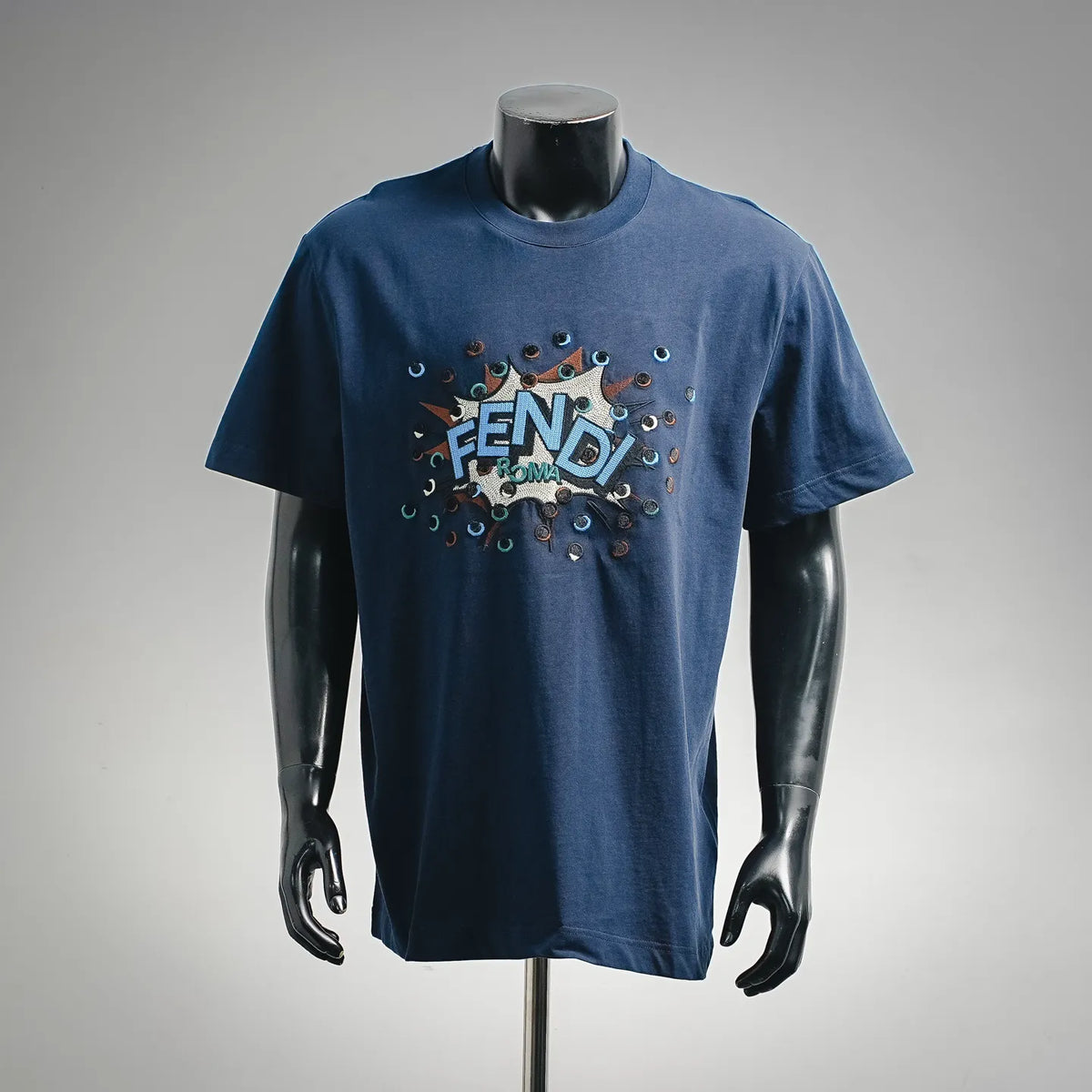 Fendi short-sleeve T-shirt in dark blue with colorful FENDI graphic on front