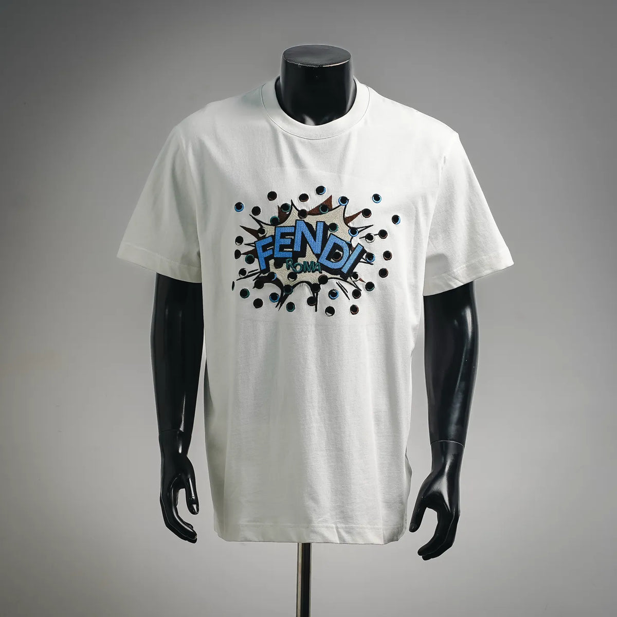 White crew-neck T-shirt with FENDI graphic front print
