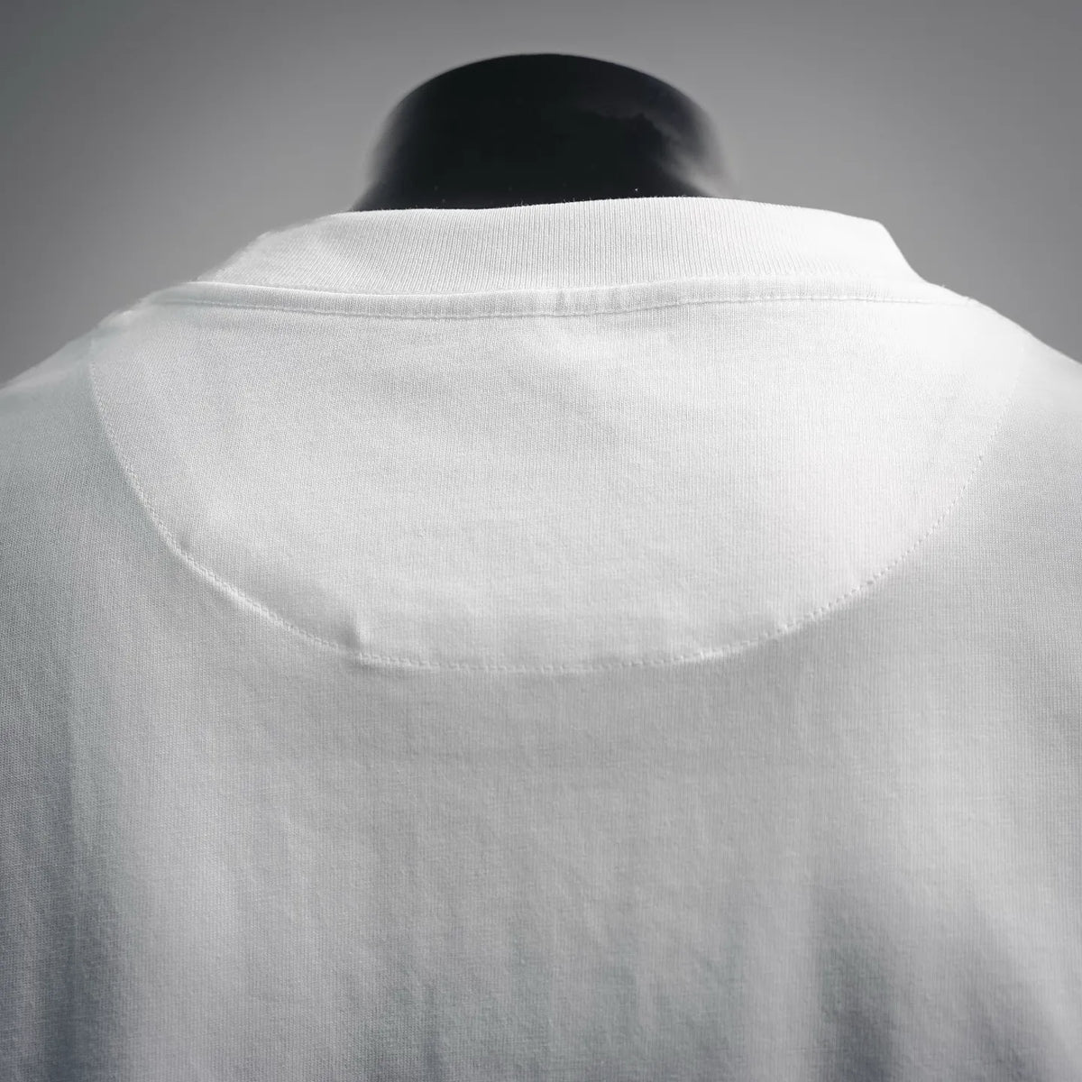 White crew-neck T-shirt, close-up of back collar and yoke