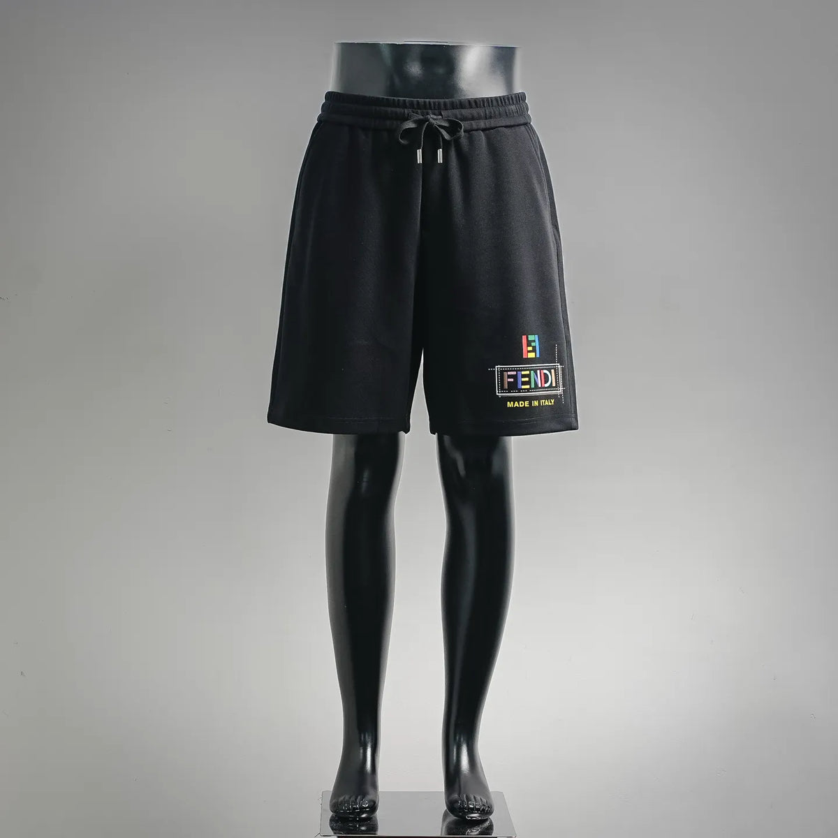 Fendi black drawstring shorts with elastic waistband and side logo patch
