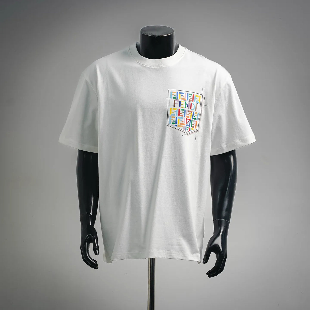 White Fendi short-sleeve T-shirt with colorful logo graphic on the chest