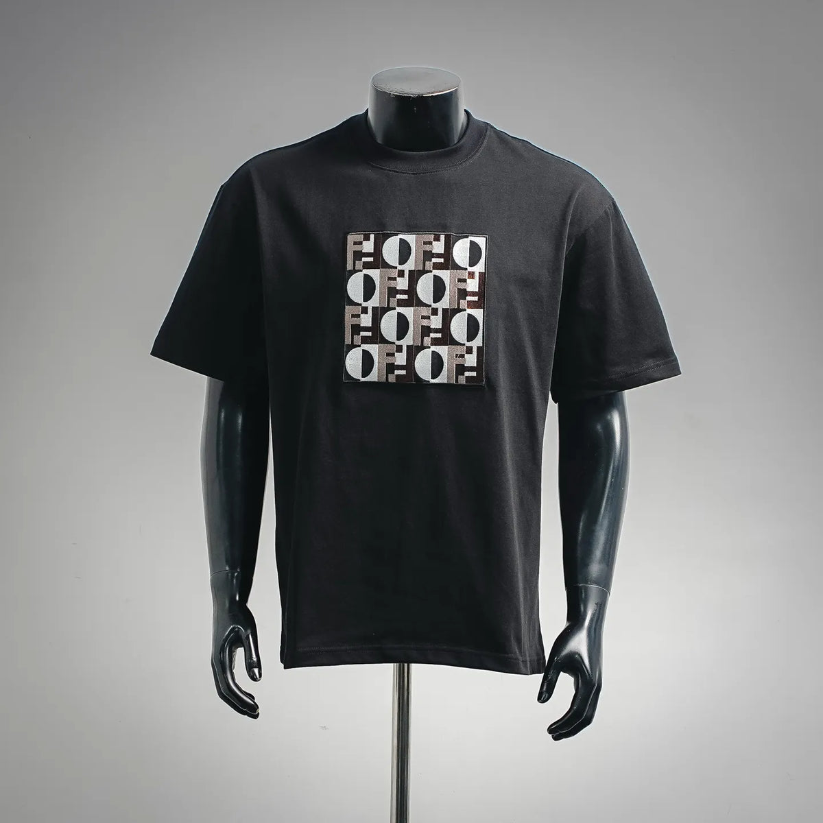 Fendi black T-shirt with multicolor logo graphic on the front chest
