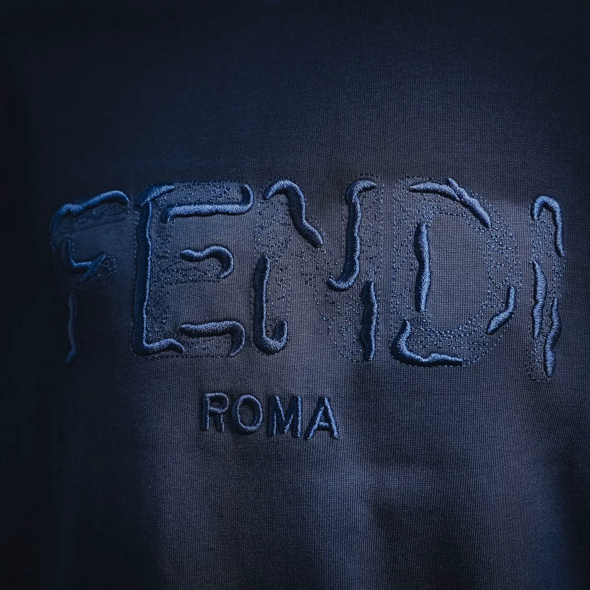 Close-up of navy blue Fendi Roma embroidered logo on T-shirt