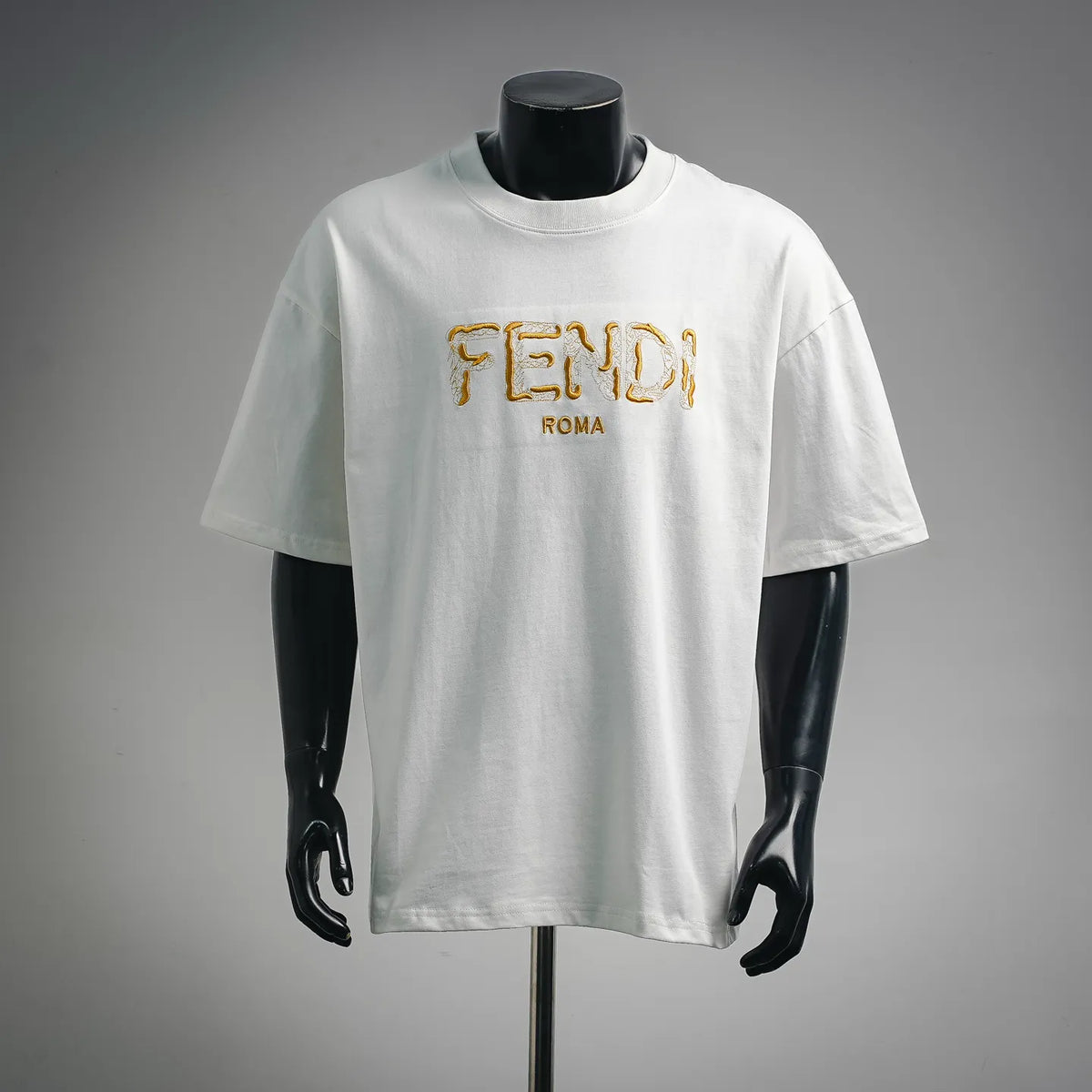 White Fendi short-sleeve T-shirt with gold embroidered FENDI ROMA logo on chest