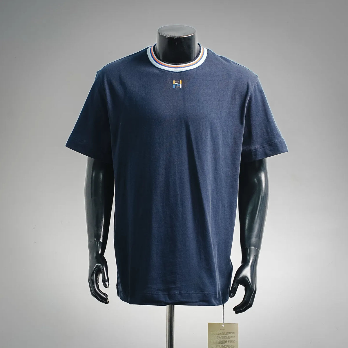 Fendi short-sleeve crewneck T-shirt in dark blue with striped neck trim and logo