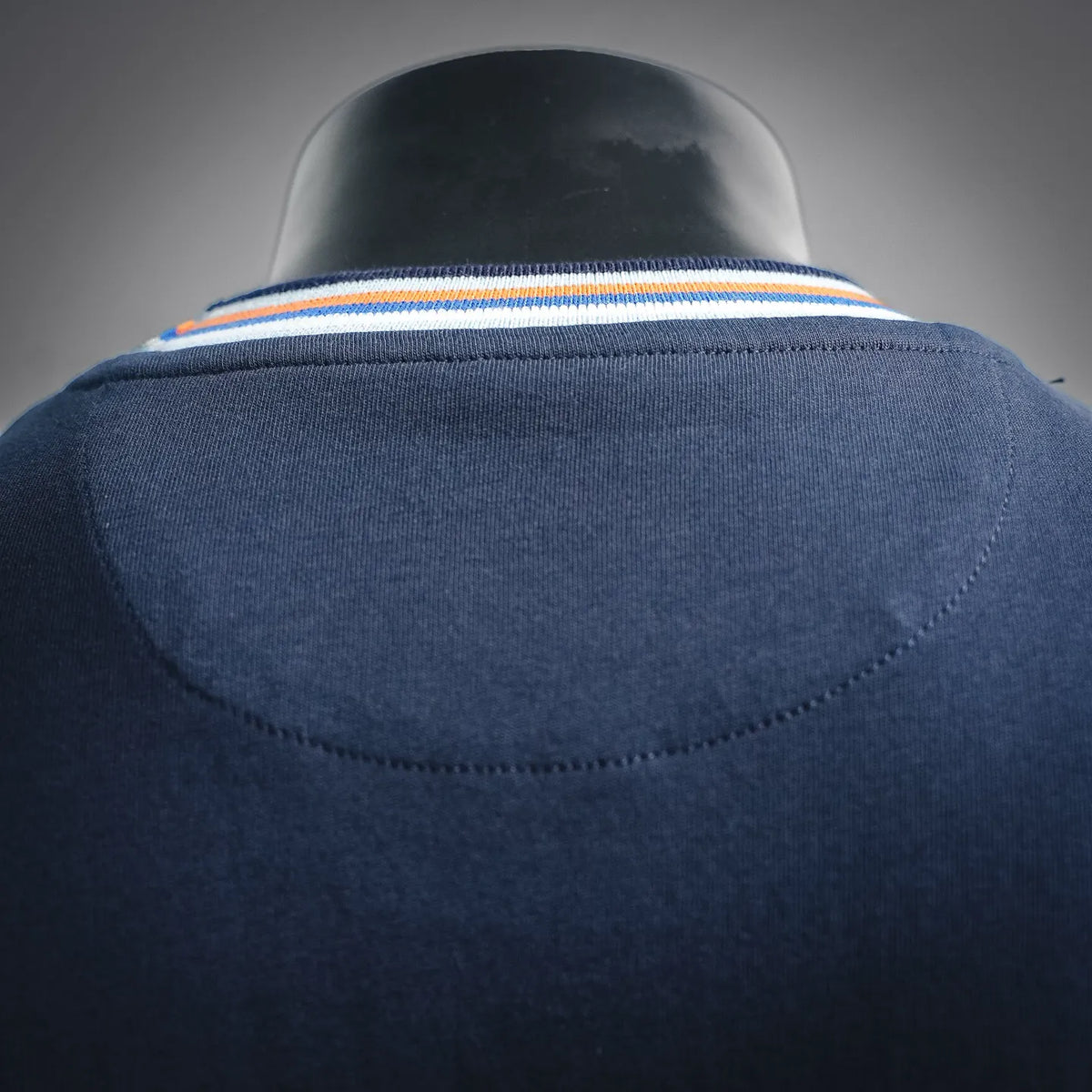 Fendi T-shirt back yoke with striped collar trim in white, blue, and orange