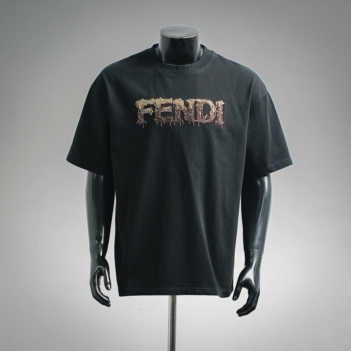 Black Fendi short-sleeve T-shirt with gold embroidered logo on the chest