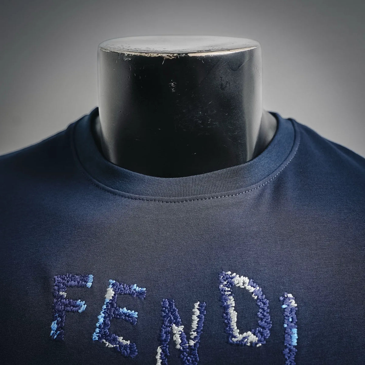 Navy crew-neck T-shirt with FENDI logo embroidery on chest