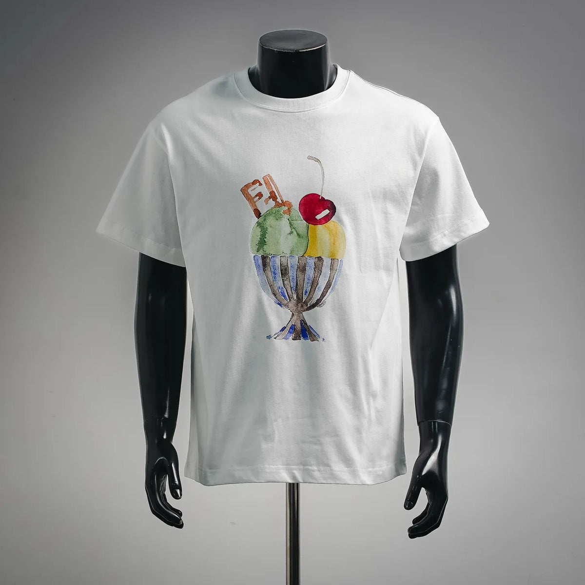 White crewneck short-sleeve T-shirt with colorful chest graphic print.