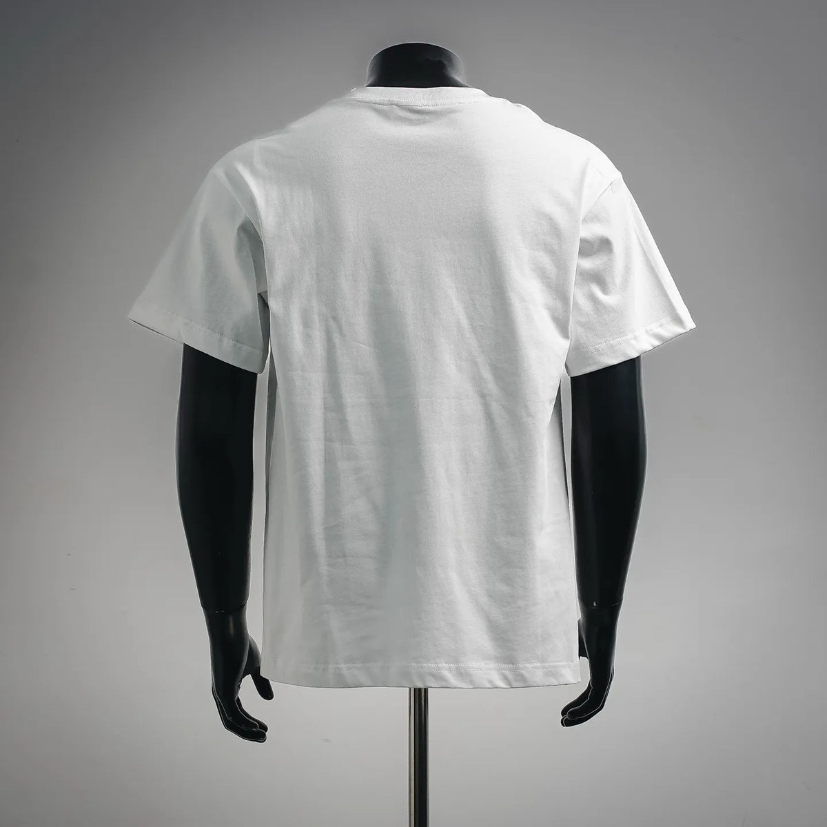 White crewneck short-sleeve T-shirt with plain back view on mannequin.