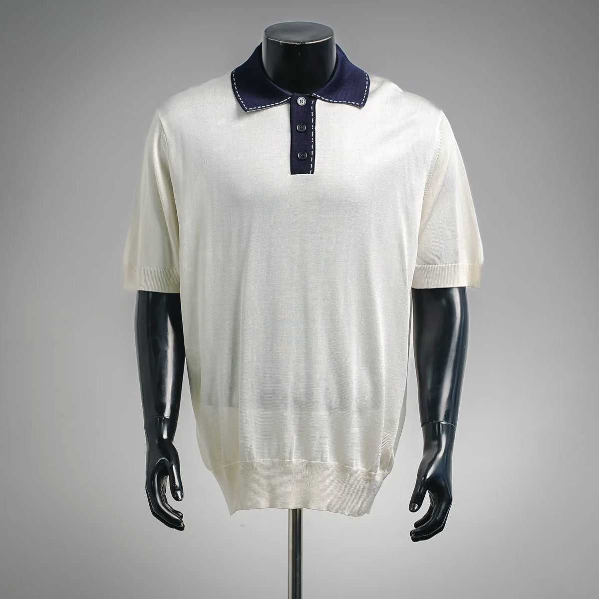 Fendi polo shirt in white knit with navy collar and buttoned placket, short sleeves