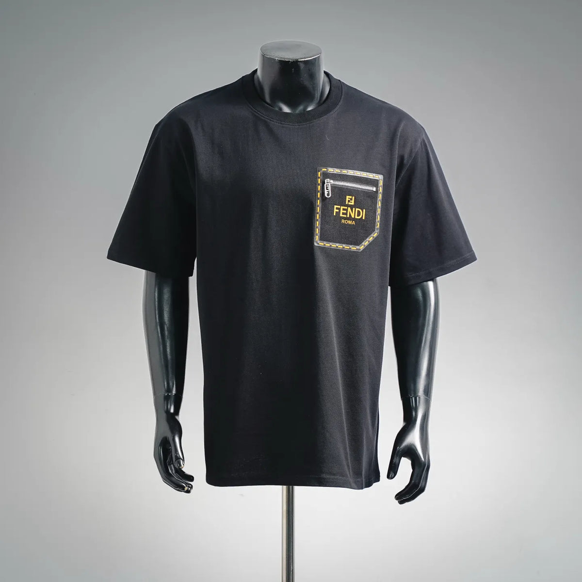 Black Fendi short-sleeve T-shirt with FENDI ROMA chest logo patch
