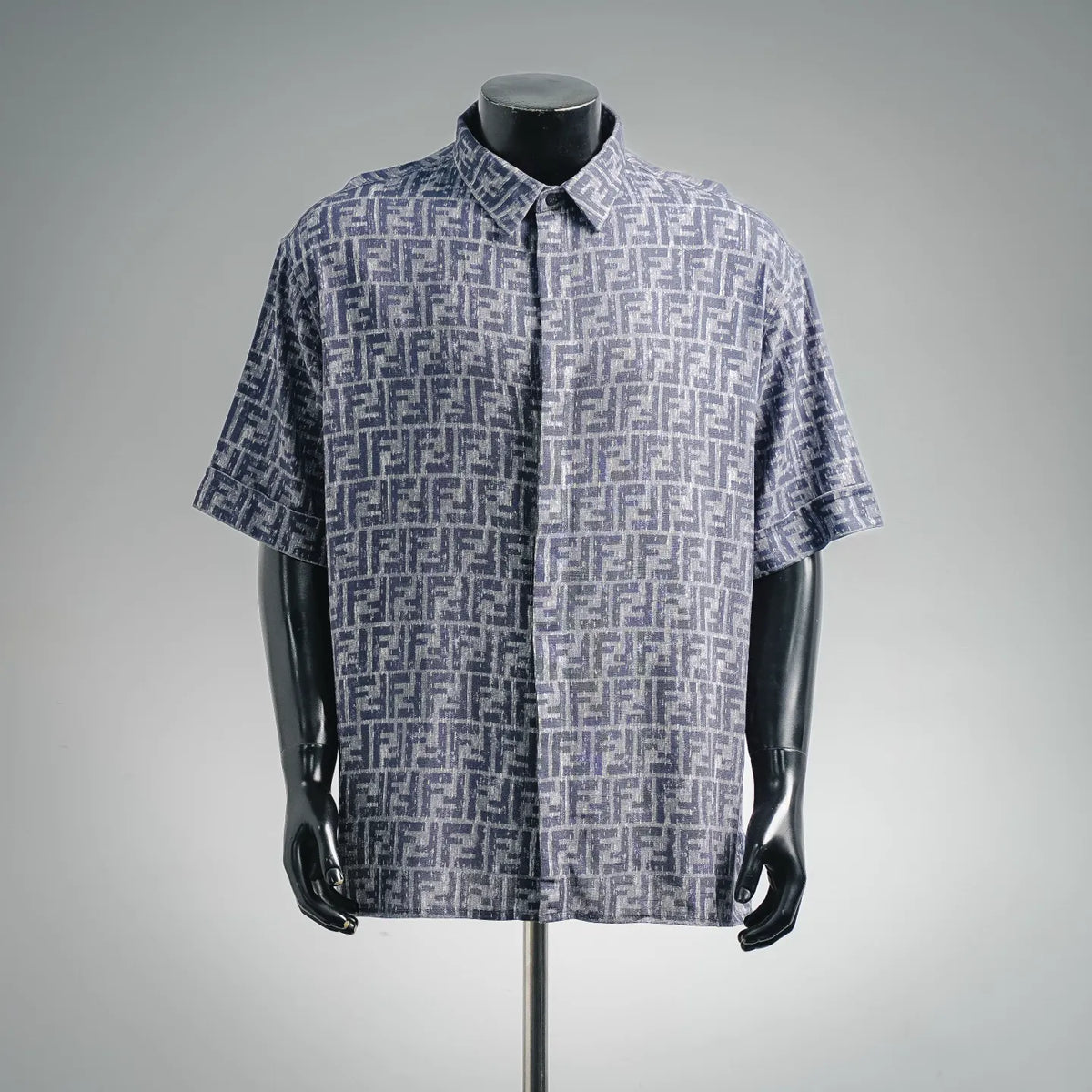 Men's short-sleeve button-up shirt in blue and white Fendi monogram pattern