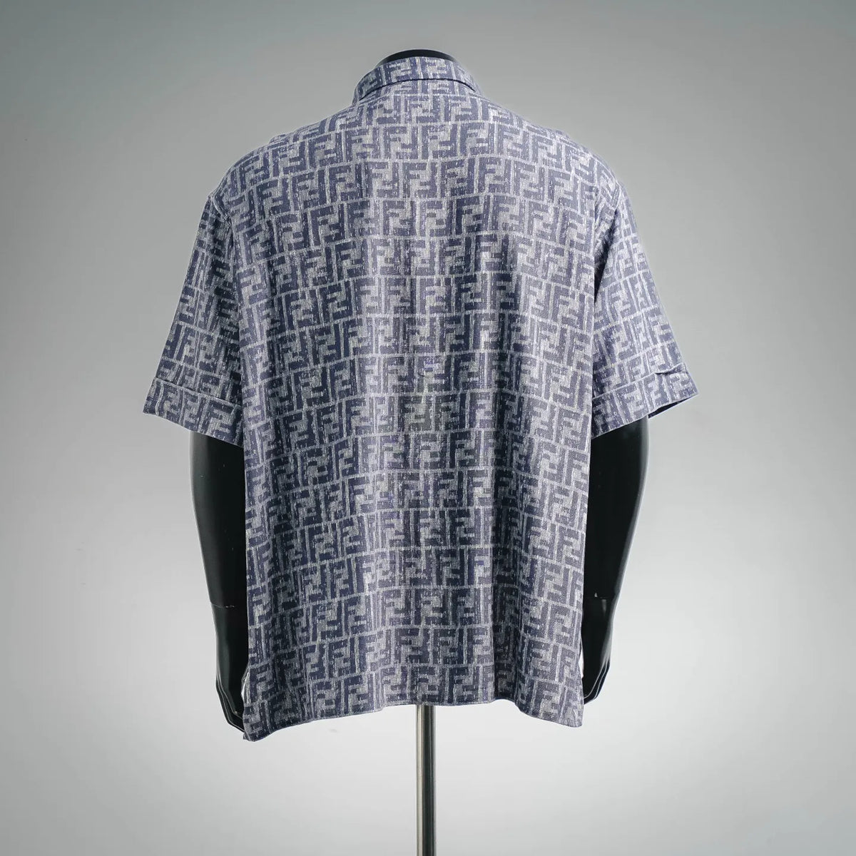Men's short-sleeve shirt in blue and white Fendi monogram pattern, back view