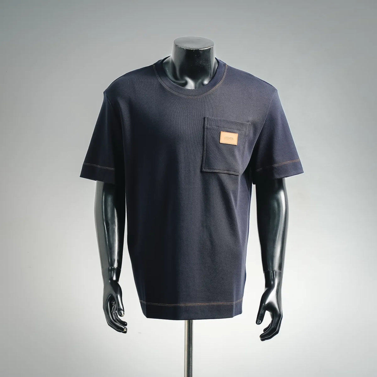 Fendi dark blue short-sleeve shirt with front chest pocket and orange topstitching