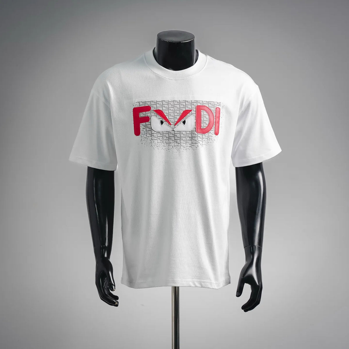 White short-sleeve T-shirt with Fendi red and gray logo graphic on chest